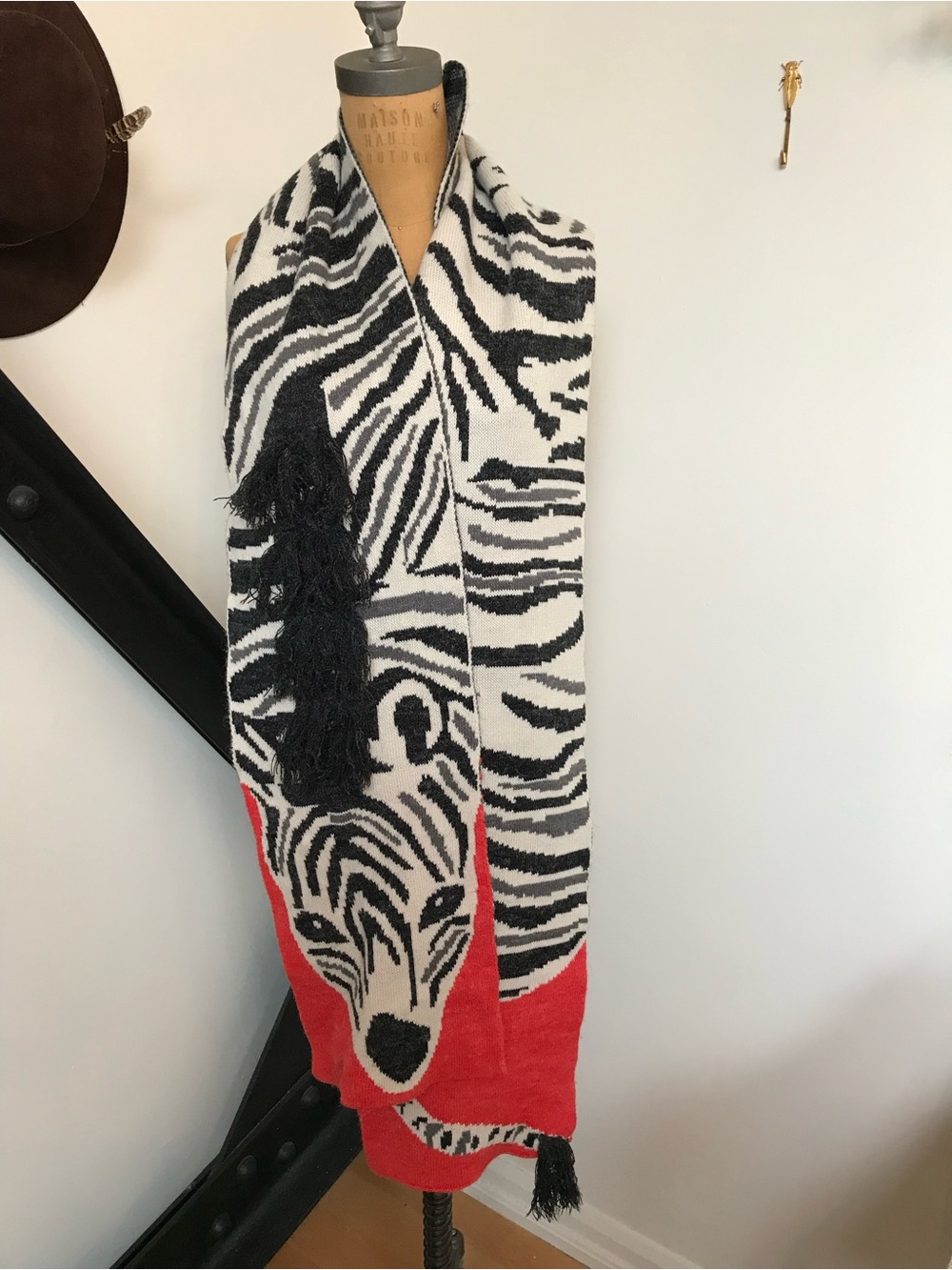 Black, White & Red Zebra Knit wool Scarf